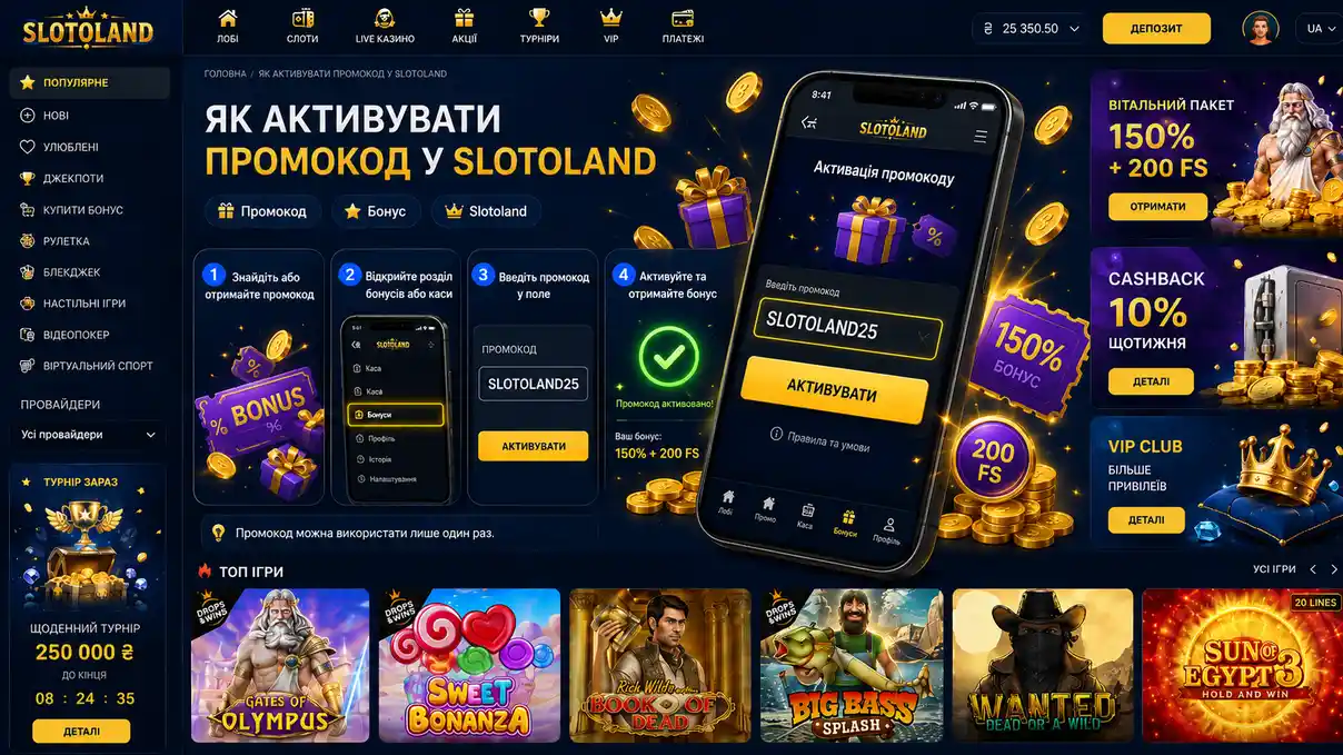 Покрокова схема активації промокоду в розділі бонусів Slotoland
