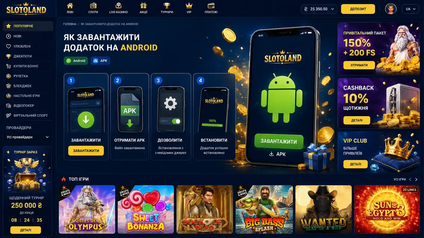 Сторінка Slotoland із кроками завантаження APK-файлу для Android