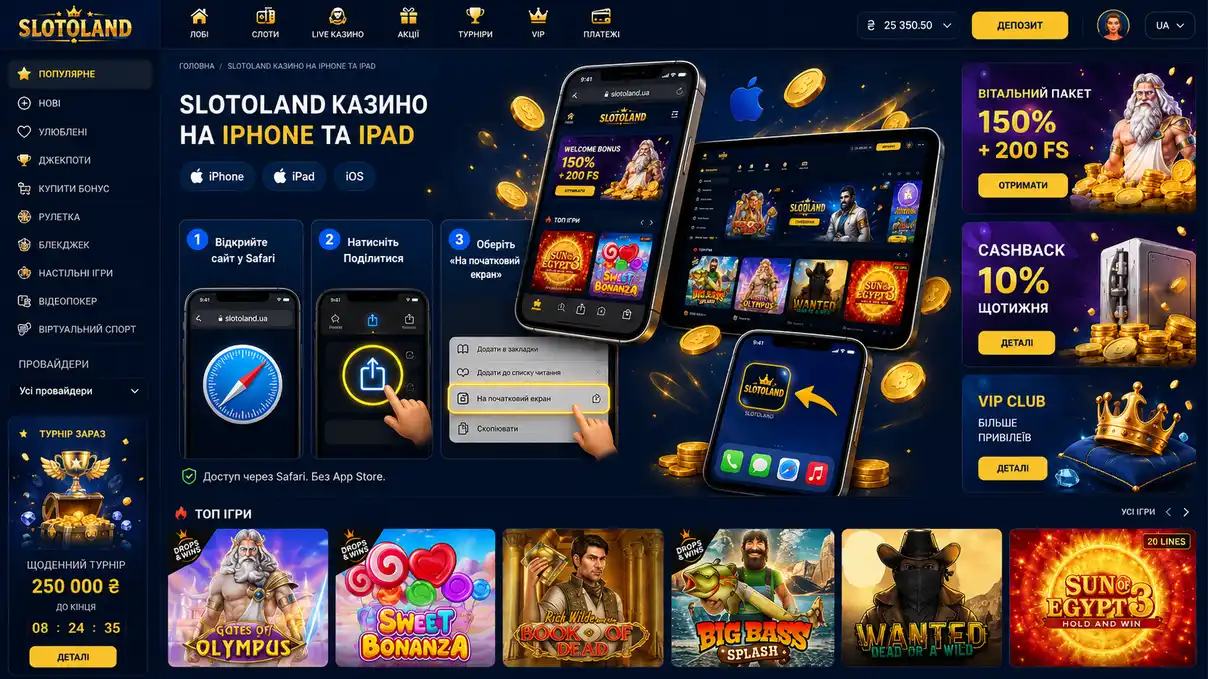 Інструкція Slotoland для iPhone та iPad: додавання сайту на початковий екран через Safari